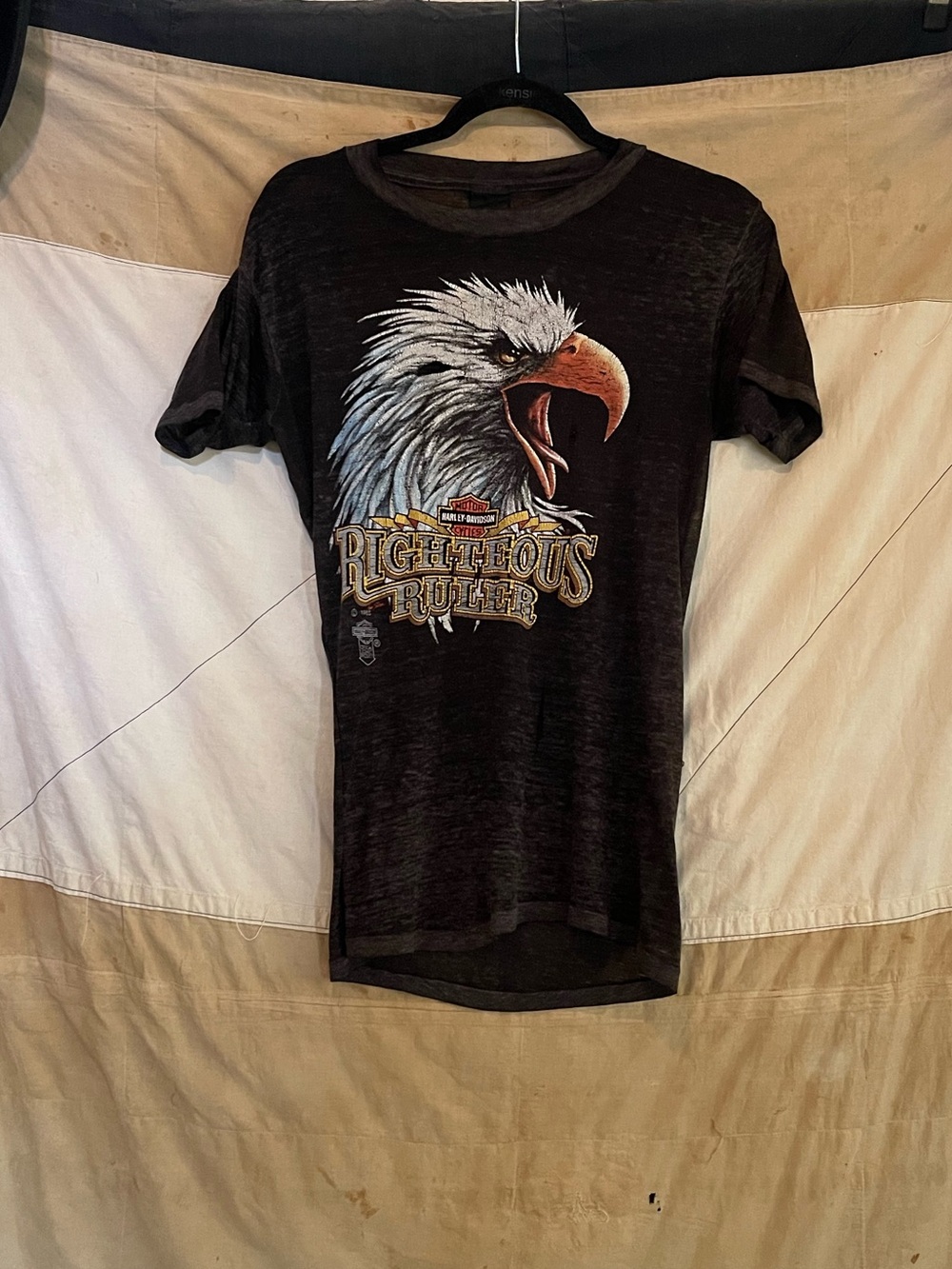 Vintage 1985 Harley Davidson Righteous Ruler 3D Emblem Thrashed T Shirt
